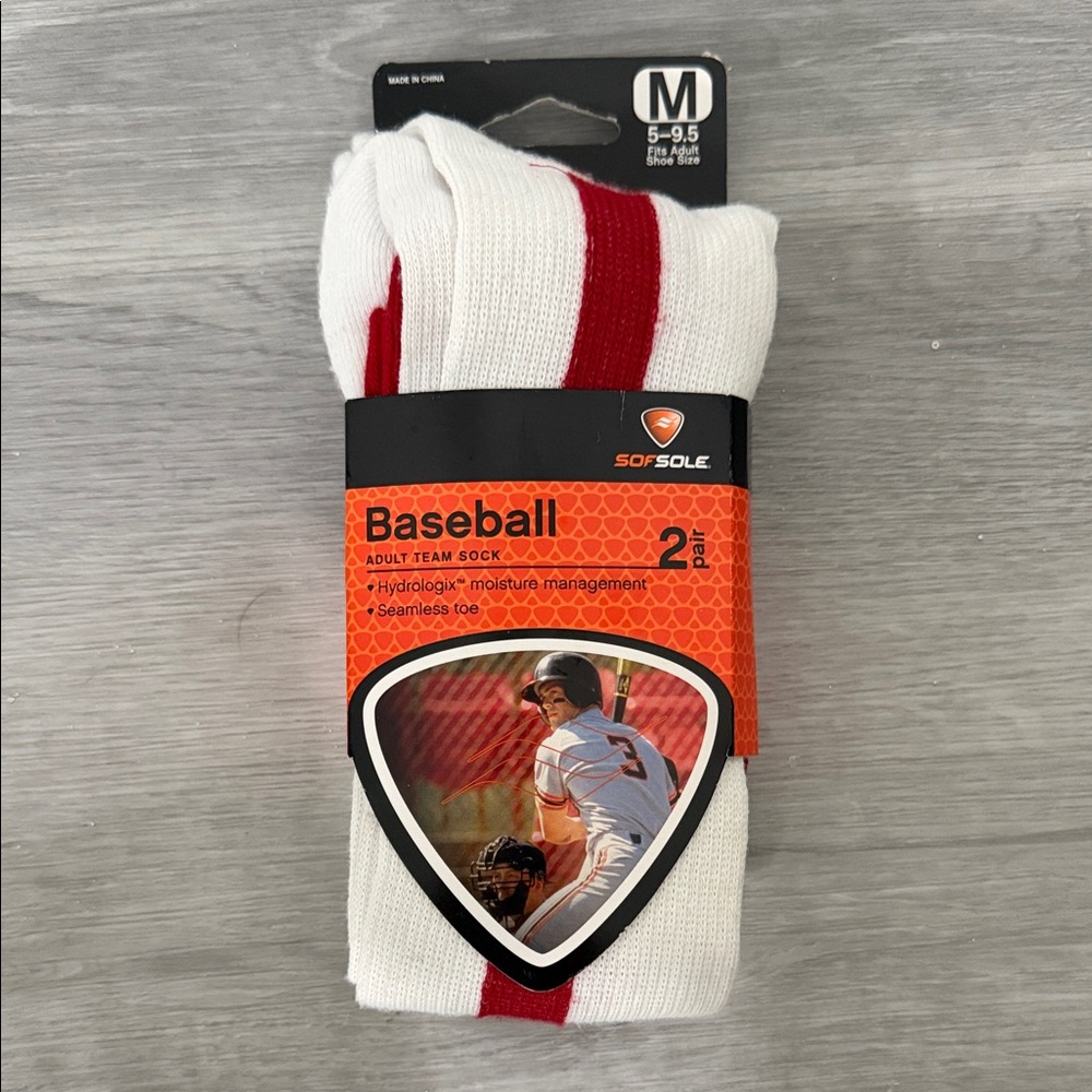 NEW! White & Red Baseball Socks - Medium